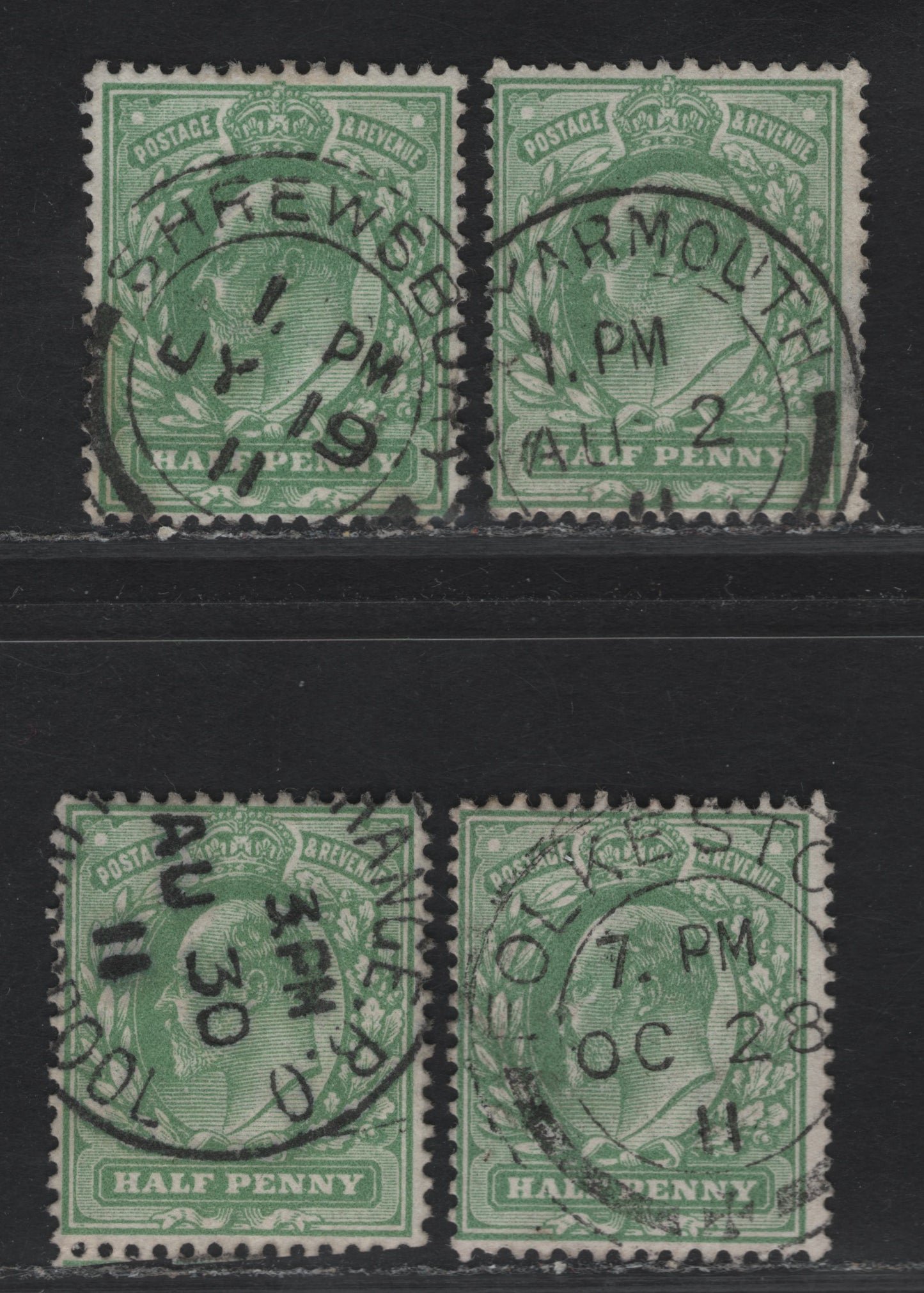 Great Britain SC#127b (SG#268 (Spec. M3(1))) 1/2d Dull Yellow Green King Edward VII, 1902-1910 King Edward VII Issue, 4 Fine Used Singles, Single Line Barrel CDS Cancels.