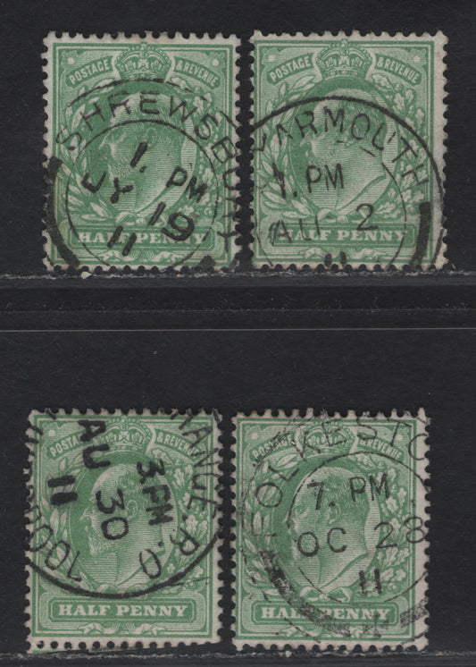 Lot 56 Great Britain SC#127b (SG#268 (Spec. M3(1))) 1/2d Dull Yellow Green King Edward VII, 1902-1910 King Edward VII Issue, 4 Fine Used Singles, Single Line Barrel CDS Cancels.