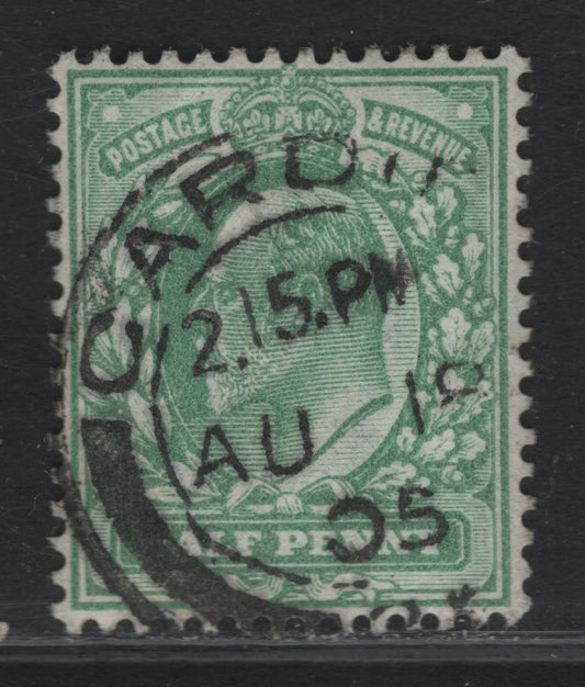 Great Britain SC#143avar (SG#218var) 1/2d Pale Bluish Green King Edward VII, 1902-1910 King Edward VII Issue, A Very Fine Used Single, DLR Printing, Distinct Shade That Is Only Listed On Harrison Printings, August 18 1905, Cardiff CDS Cancel.