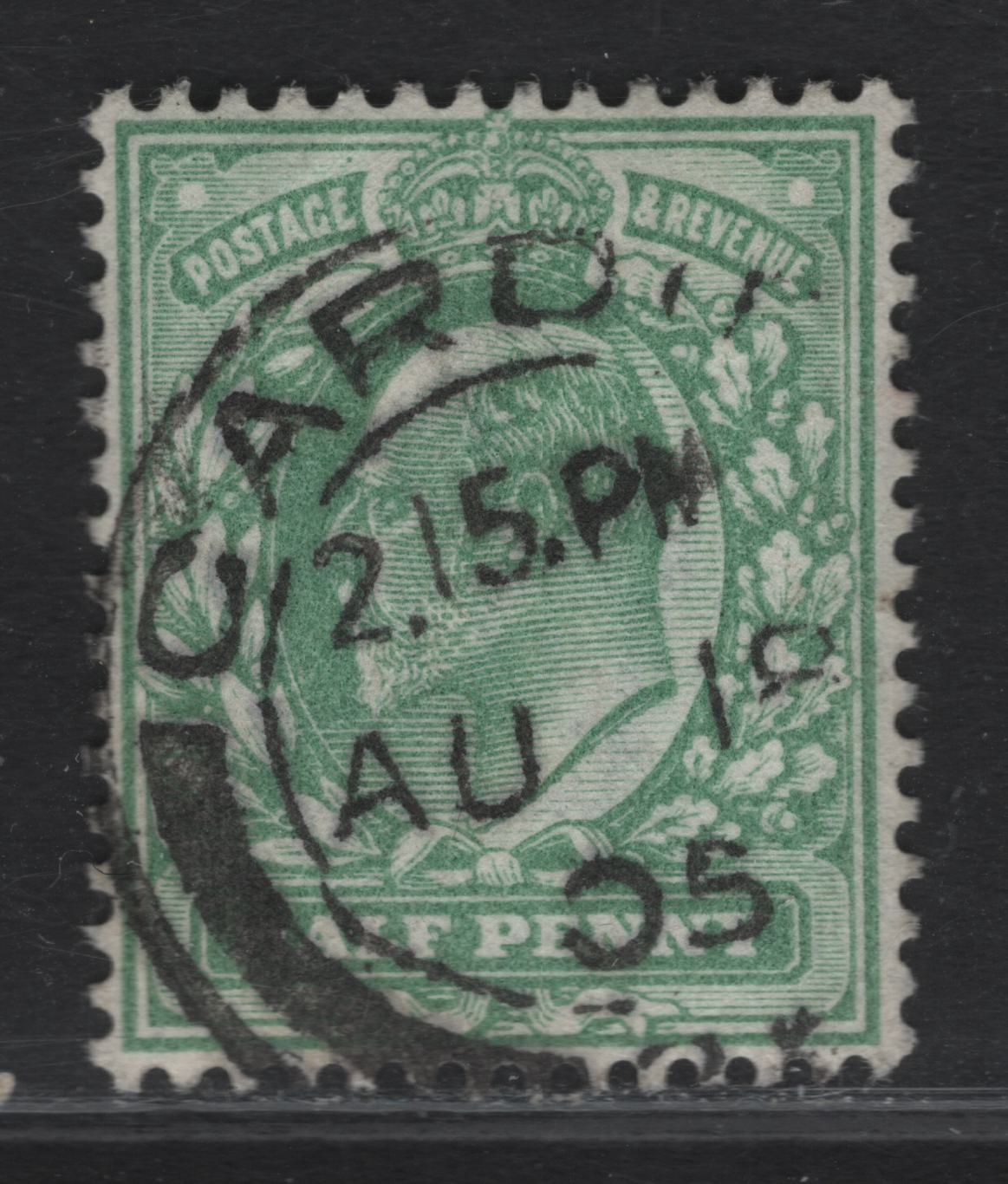 Lot 59 Great Britain SC#143avar (SG#218var) 1/2d Pale Bluish Green King Edward VII, 1902-1910 King Edward VII Issue, A Very Fine Used Single, DLR Printing, Distinct Shade That Is Only Listed On Harrison Printings, August 18 1905, Cardiff CDS Cancel.