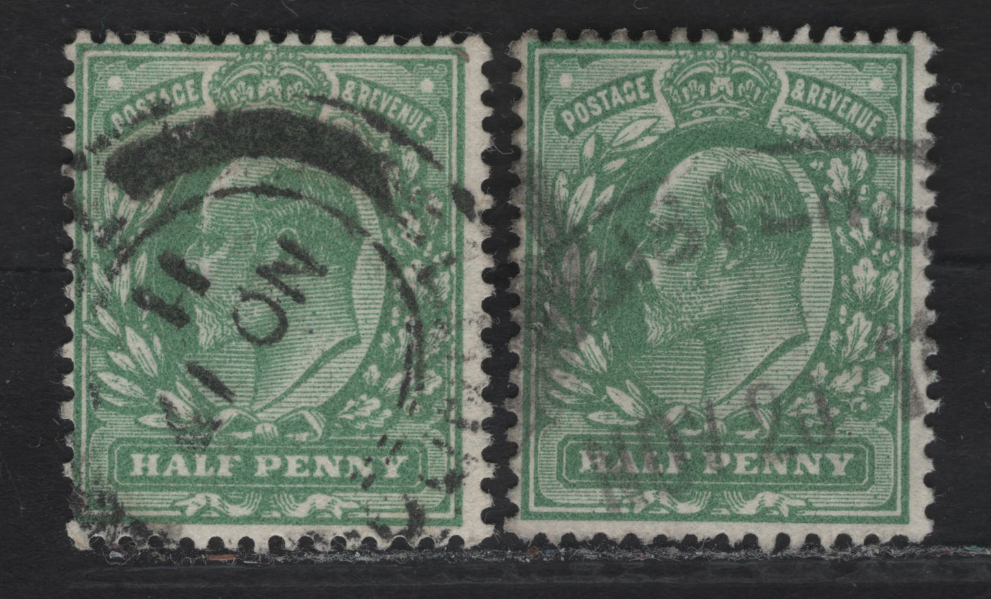 Lot 60 Great Britain SC#127b (SG#268-269) 1/2d Deep Dull Green King Edward VII, 1902-1910 King Edward VII Issue, 2 Fine Used Singles, Harrison Printings, Perf 14, Watermark Shifted Downward & Split Watermark.