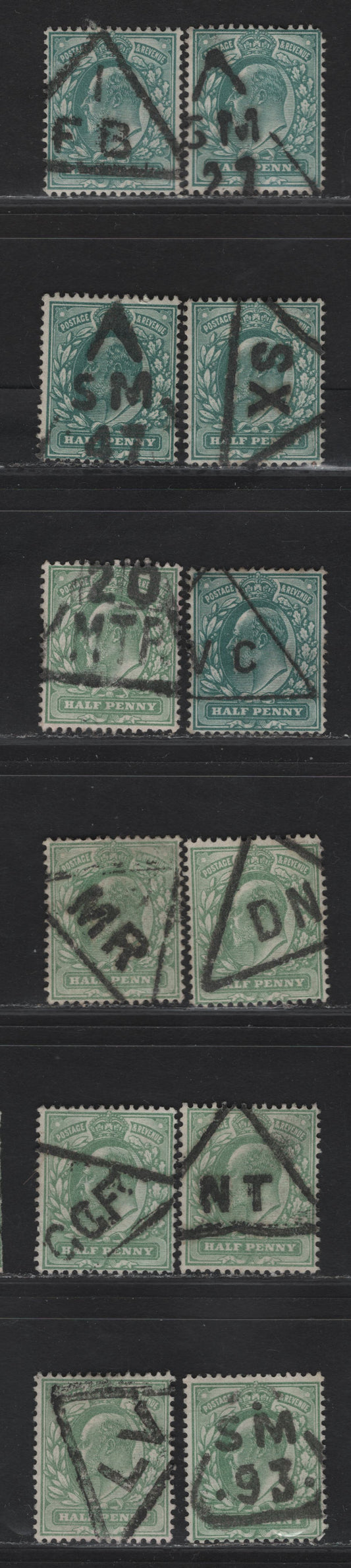 Lot 6 Great Britain SC#127a, 143a (SG#216, 218) 1/2d Blue Green - Yellowish Green King Edward VII, 1902-1910 King Edward VII Issue, 6 Fine/Very Fine Used Singles, Triangular Periodical Newspaper Cancels, Scarcer Than The Common Barrel CDS Cancels