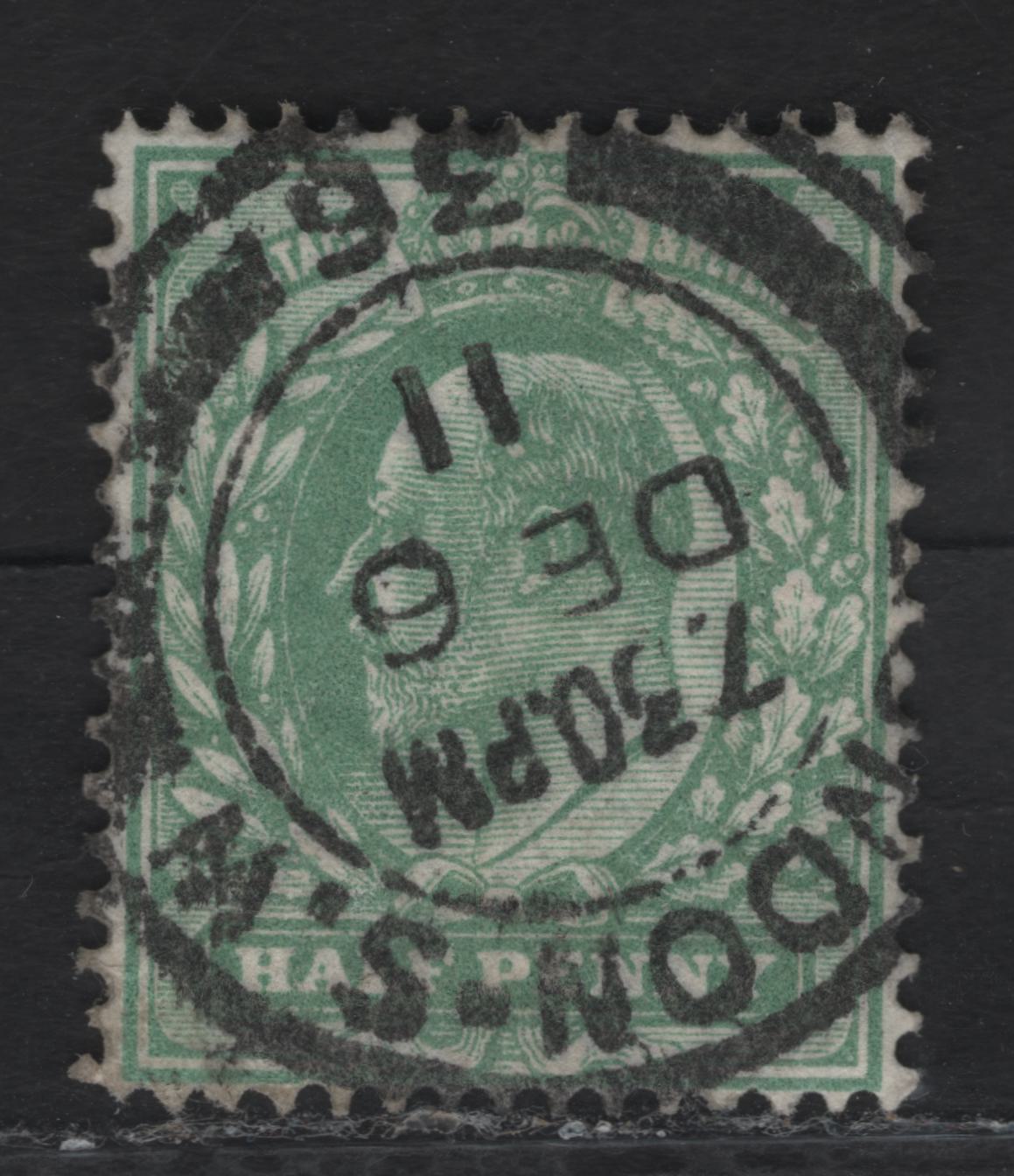 Lot 61 Great Britain SC#146a (SG#279 (Spec. M4(4))) 1/2d Pale Bluish Green King Edward VII, 1902-1910 King Edward VII Issue, A Very Fine Used Single, Perf 15x14, Harrison Printing, Wmk Shifted Downawrd To Bottom Center, Dec. 6 1911 London SW CDS.