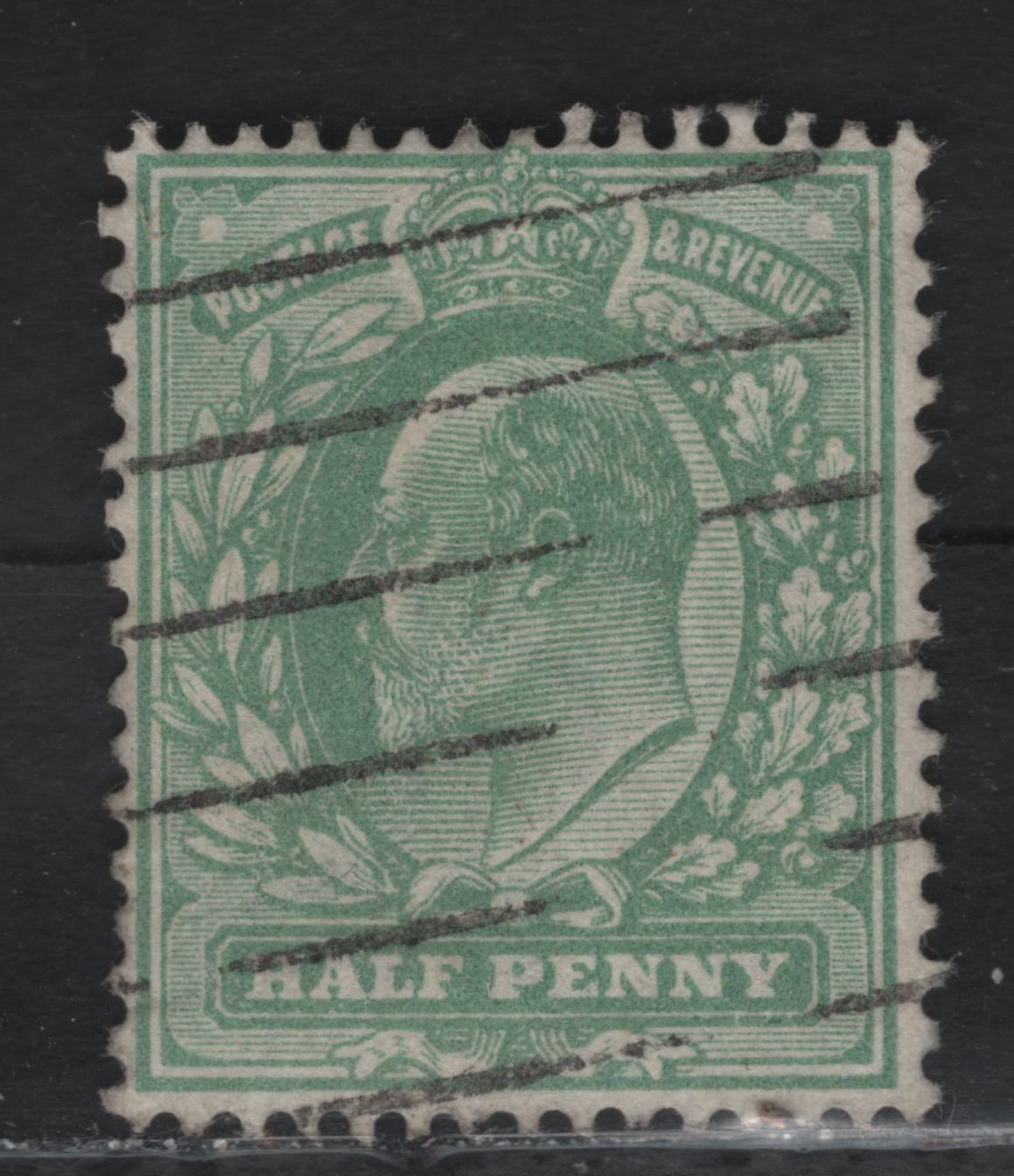 Lot 62 Great Britain SC#146a (SG#279 (Spec. M4(4))) 1/2d Pale Bluish Green King Edward VII, 1902-1910 King Edward VII Issue, A Fine Used Single, Perf 15x14, Harrison Printing