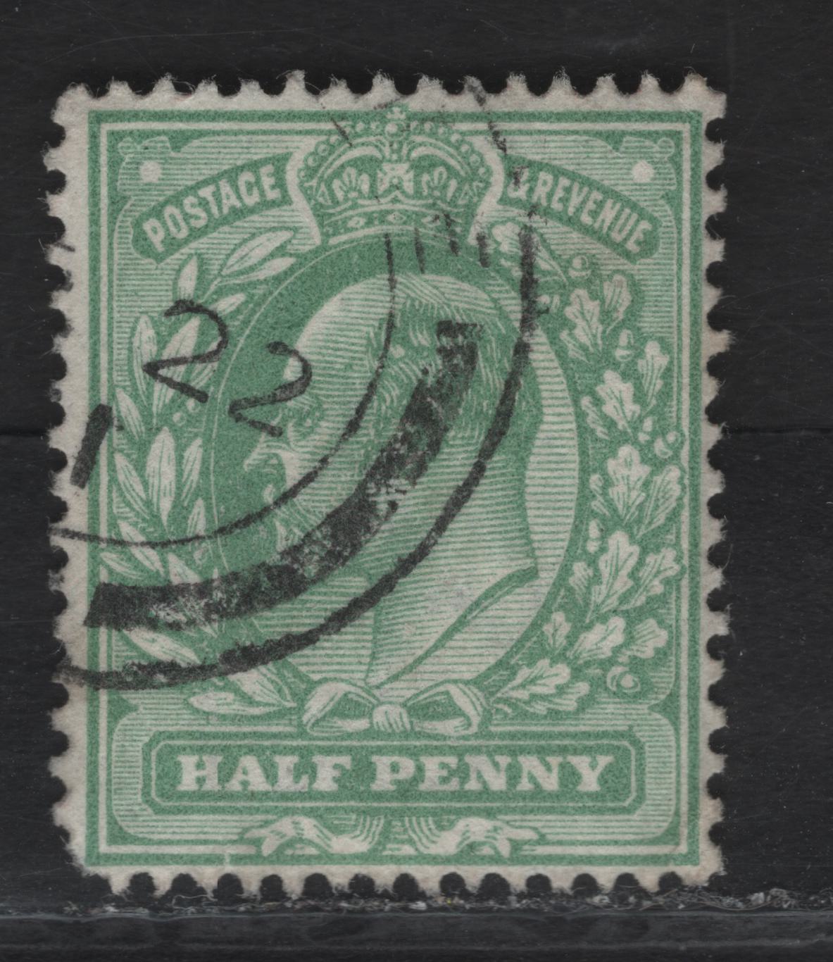 Lot 63 Great Britain SC#146a (SG#279 (Spec. M4(4))) 1/2d Pale Bluish Green King Edward VII, 1902-1910 King Edward VII Issue, A Fine Used Single, Perf 15x14, Harrison Printing
