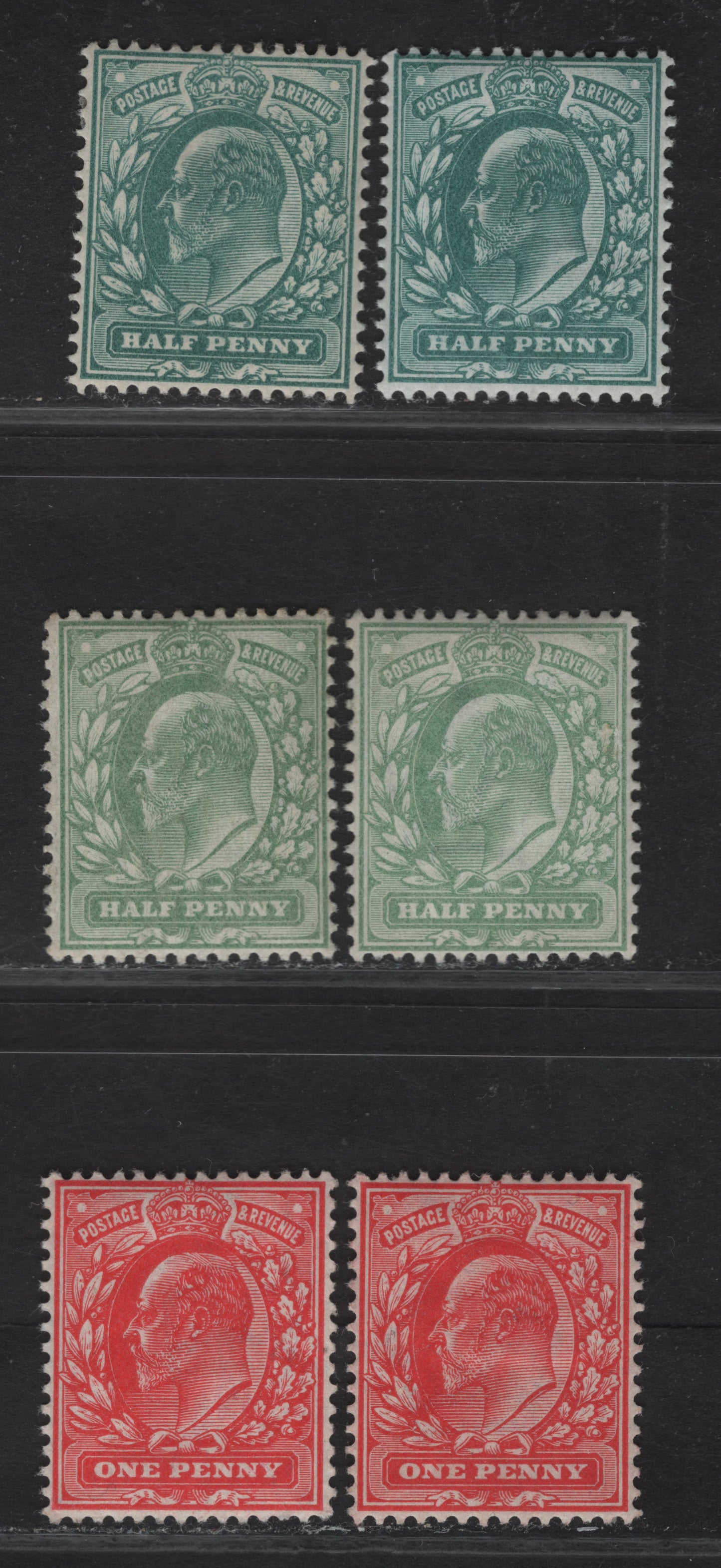 Lot 64 (C) Great Britain SC#127-127a, 128 (SG#215-220) 1/2d - 1d Dull Blue Green - Bright Scarlet King Edward VII, 1902-1910 King Edward VII Issue, 6 F/VFOG Singles.