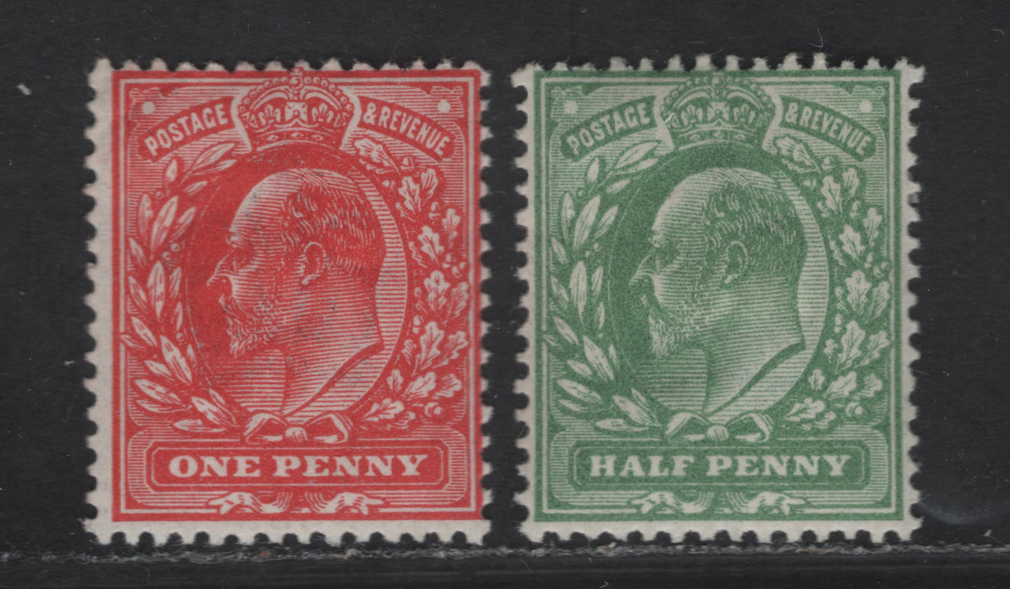 Lot 65 (C) Great Britain SC#127b, 128a (SG#267, 272) 1/2d - 1d Dull Yellow Green - Rose Red King Edward VII, 1902-1910 King Edward VII Issue, 2 FOG Singles, Harrison Printings, Perf 14