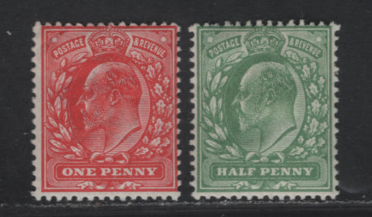 Lot 65 (C) Great Britain SC#127b, 128a (SG#267, 272) 1/2d - 1d Dull Yellow Green - Rose Red King Edward VII, 1902-1910 King Edward VII Issue, 2 FOG Singles, Harrison Printings, Perf 14