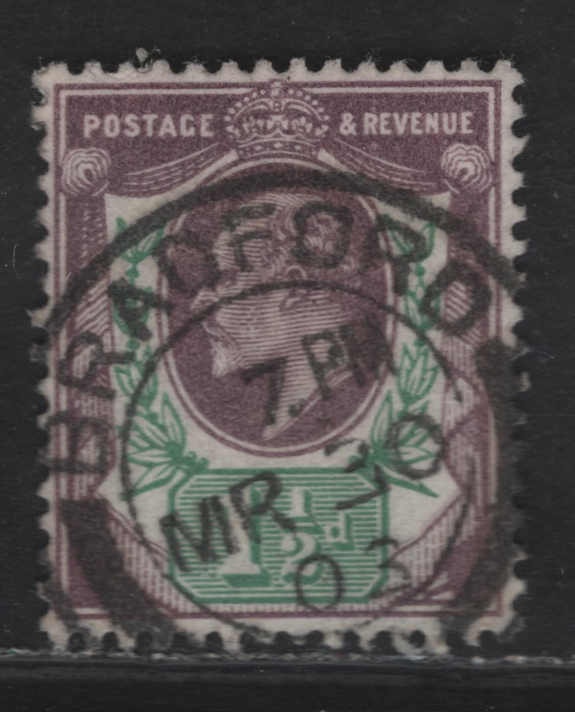 Lot 67 Great Britain SC#129a (SG#222) 1.5d Slate Purple & Green King Edward VII, 1902-1910 King Edward VII Issue, A Very Fine Used Single, Socked On The Nose March 30, 1903 Bradford Barrel CDS Cancel, DLR Printing