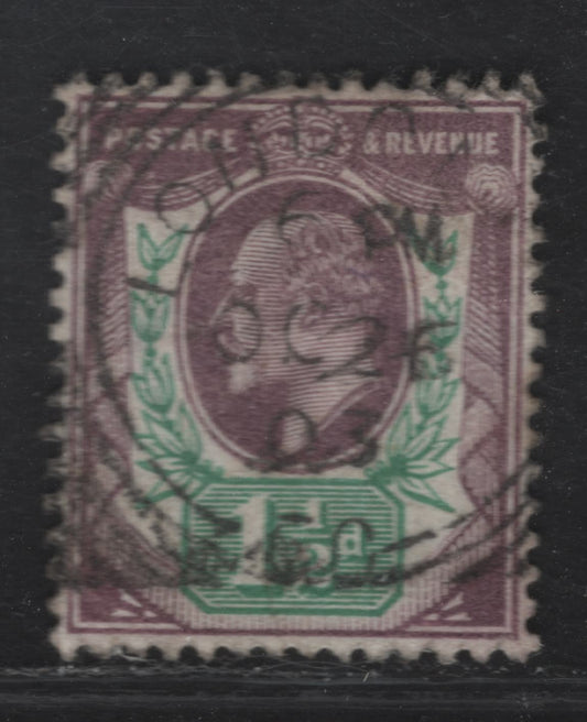 Great Britain SC#129a (SG#222) 1.5d Slate Purple & Green King Edward VII, 1902-1910 King Edward VII Issue, A Very Fine Used Single, DLR Printing.