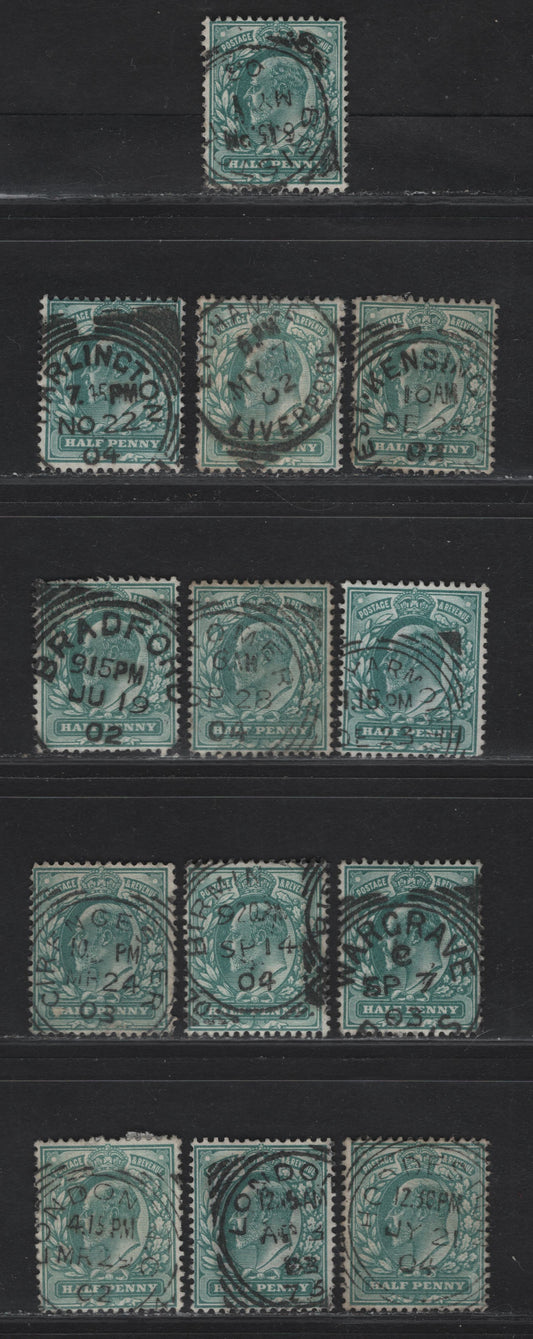 Lot 7 Great Britain SC#127-127a (SG#216 (Spec M1(1) - M1(3))) 1/2d Deep Blue Green - Dull Blue Green King Edward VII, 1902-1910 King Edward VII Issue,  Fine/Very Fine Used Singles, Squared Circle Cancels, Scarcer Than Barrell CDS or Machine Cancels