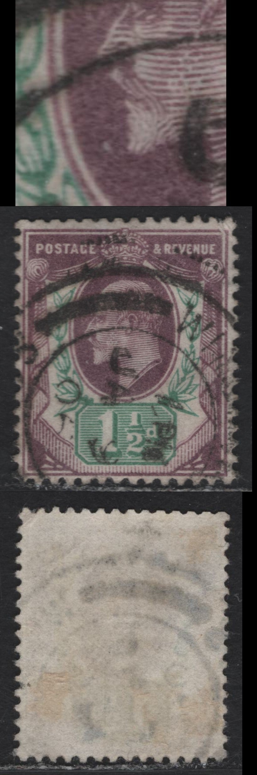 Lot 70 Great Britain SC#129avar (SG#222var) 1.5d Slate Purple & Green King Edward VII, 1902-1910 King Edward VII Issue, A Fine Used Single, DLR Printing, White Dot In Front Of King's Chin