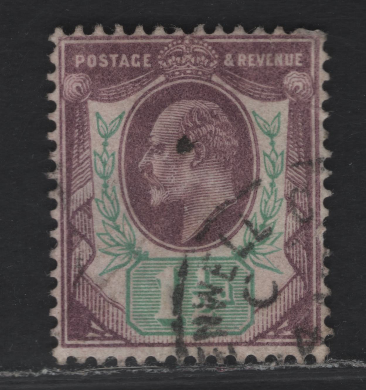 Lot 71 Great Britain SC#129avar (SG#222var) 1.5d Slate Purple & Green King Edward VII, 1902-1910 King Edward VII Issue, A Fine Used Single, DLR Printing, Wmk Portion Of Postage Sheet Margin Plus Imperial crown