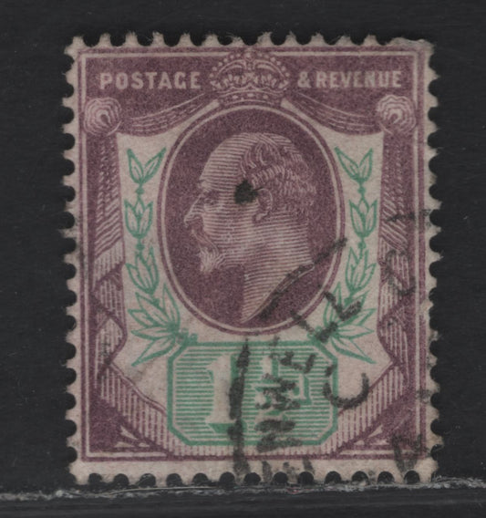 Lot 71 Great Britain SC#129avar (SG#222var) 1.5d Slate Purple & Green King Edward VII, 1902-1910 King Edward VII Issue, A Fine Used Single, DLR Printing, Wmk Portion Of Postage Sheet Margin Plus Imperial crown