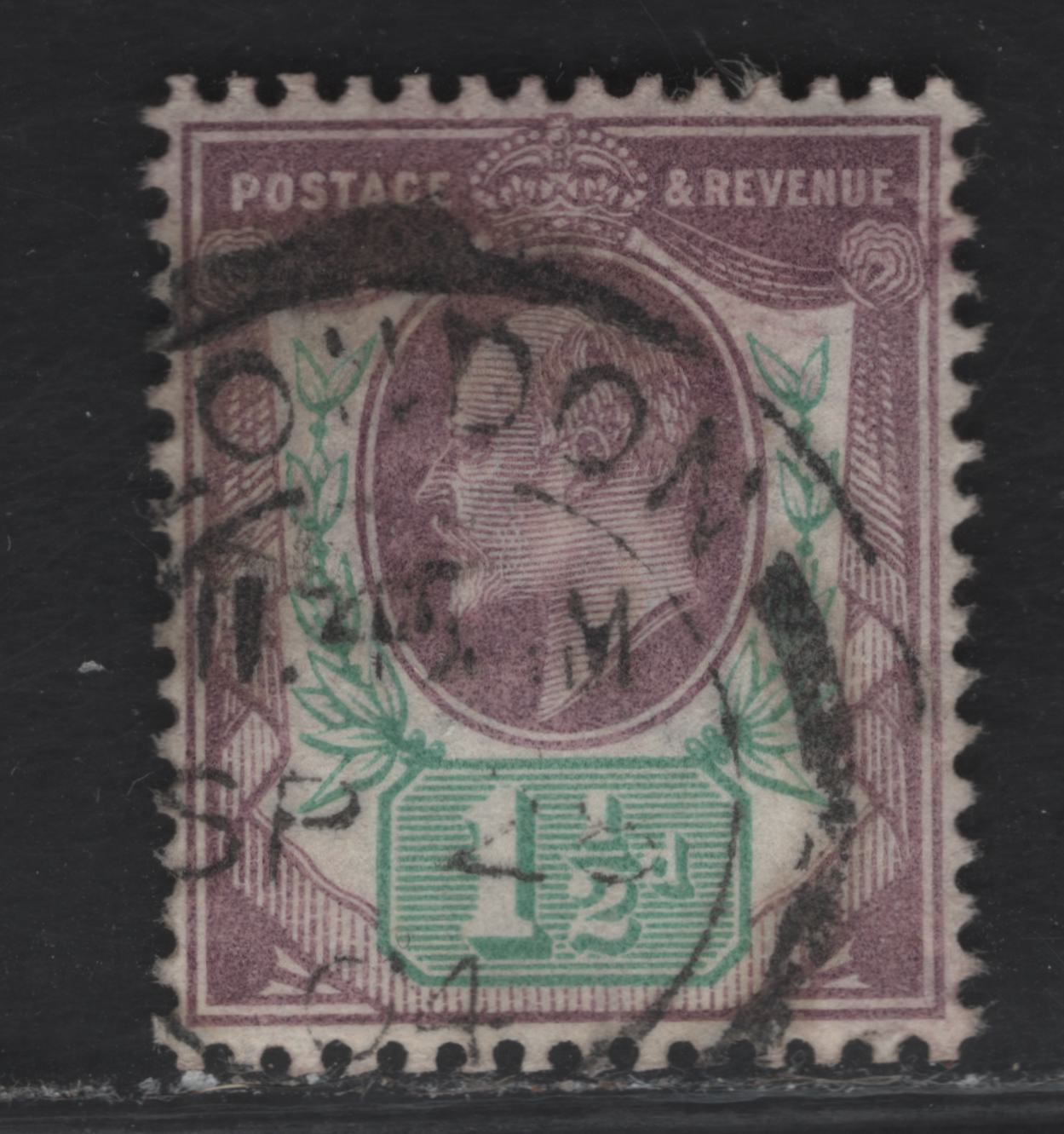 Great Britain SC#129avar (SG#222var) 1.5d Slate Purple & Bluish Green King Edward VII, 1902-1910 King Edward VII Issue, A Very Fine Used Single, DLR Printing.