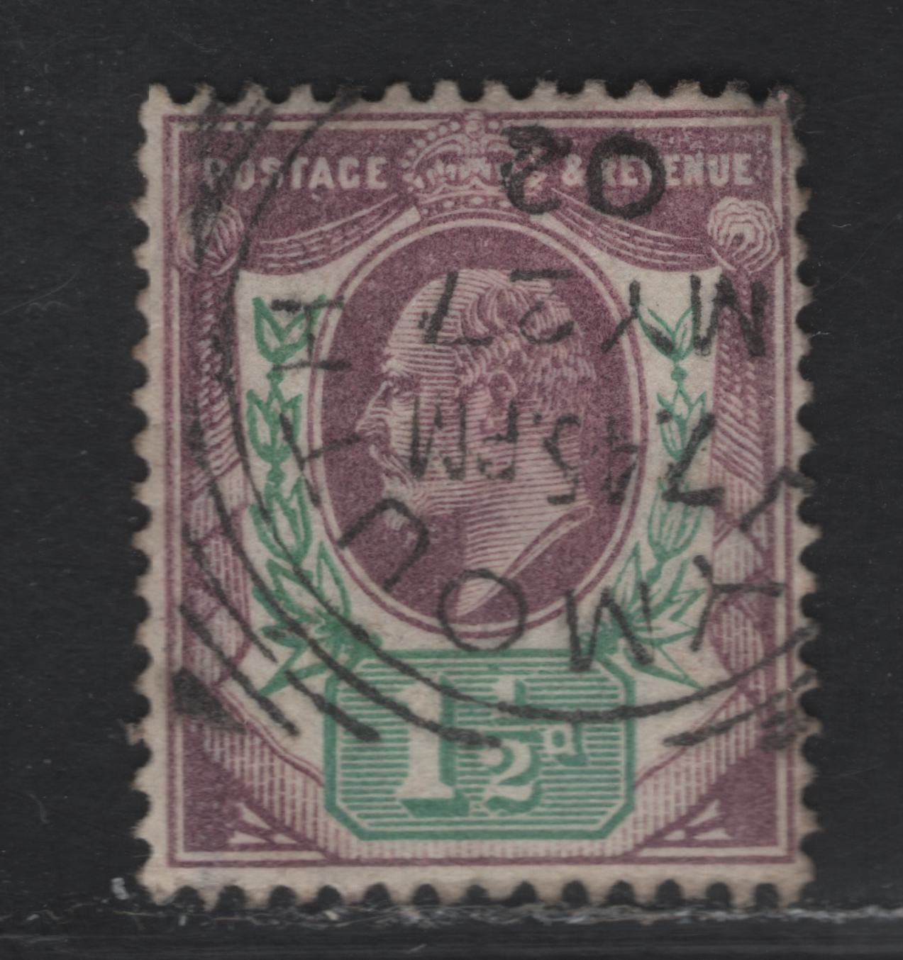 Lot 76 Great Britain SC#129 (SG#221var) 1.5d Dull Purple & Green, 1902-1910 King Edward VII Issue, A Very Fine Used Single, DLR Printing, Upper Right Sheet Margin Border Lines & Imperial crown Wmk, May 27 1902 Plymouth Squared Circle Cancel.