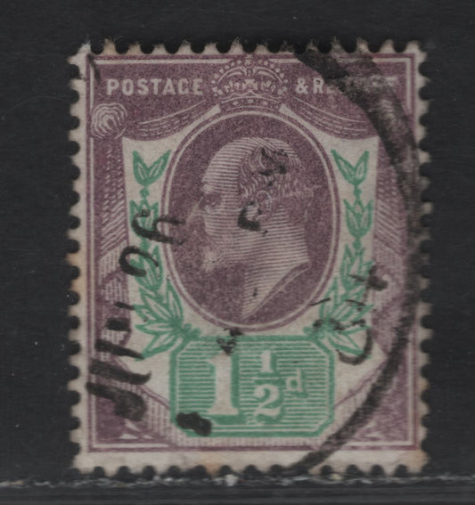 Lot 77 Great Britain SC#129 (SG#221) 1.5d Dull Purple & Green King Edward VII, 1902-1910 King Edward VII Issue, A Fine Used Single, DLR Printing, Wmk Shifted To Upper Left, Light Toning Spot In Left Margin.
