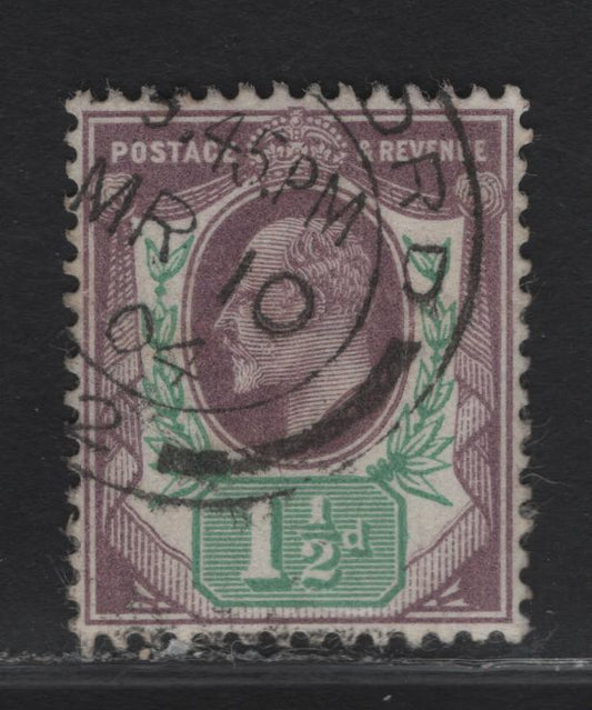 Lot 78 Great Britain SC#129 (SG#221) 1.5d Slate Purple & Green King Edward VII, 1902-1910 King Edward VII Issue, A Very Fine Used Single, DLR Printing, March 10 1904 CDS Cancel