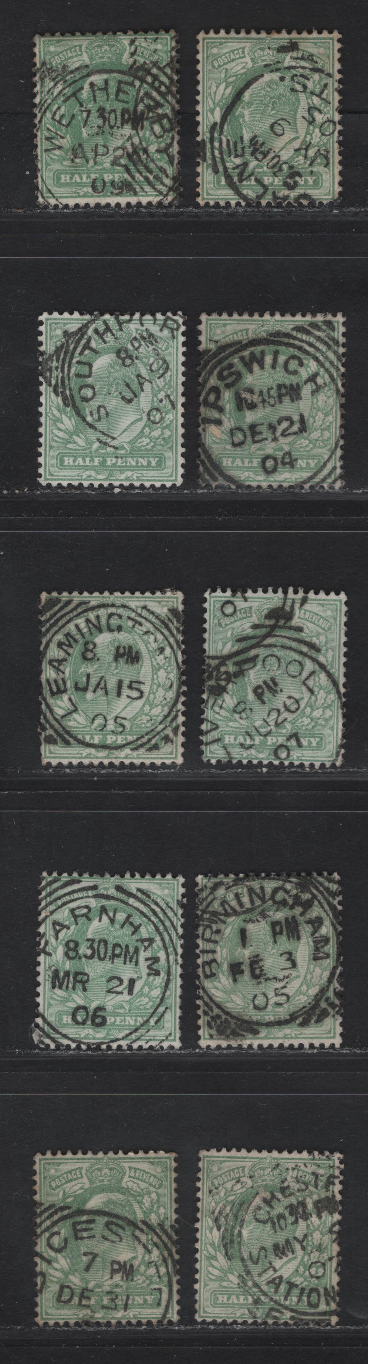 Lot 8 Great Britain SC#143-143a (SG#217-218) 1/2d Pale Yellowish Green - Yellowish Green King Edward VII, 1902-1910 King Edward VII Issue,  Fine/Very Fine Used Singles, Squared Circle Cancels, Much Less Common Than Barrell CDS or Machine Cancels