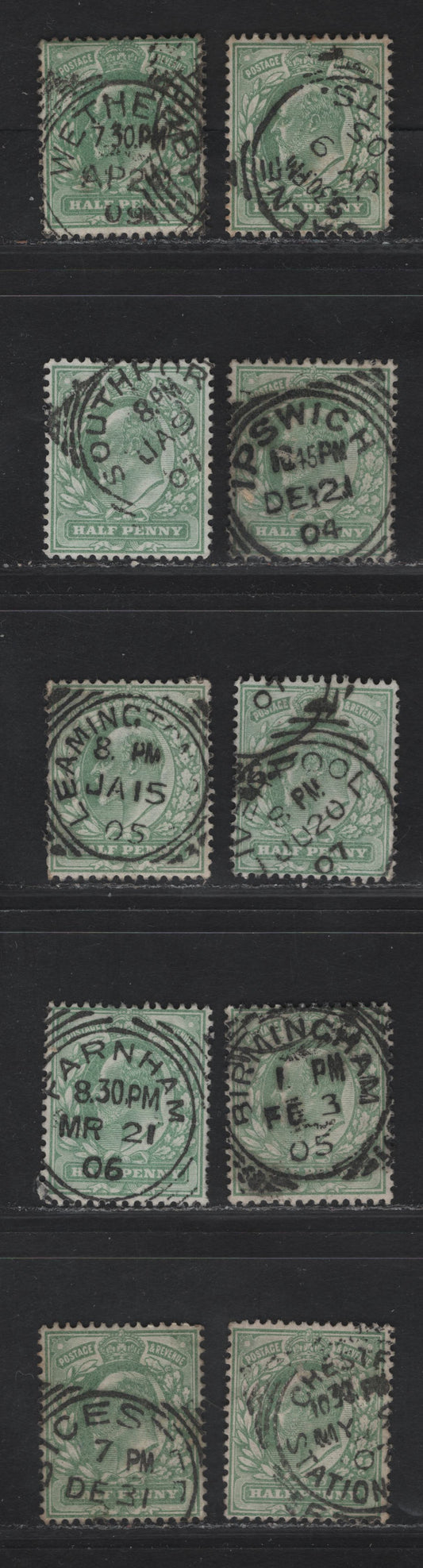 Lot 8 Great Britain SC#143-143a (SG#217-218) 1/2d Pale Yellowish Green - Yellowish Green King Edward VII, 1902-1910 King Edward VII Issue,  Fine/Very Fine Used Singles, Squared Circle Cancels, Much Less Common Than Barrell CDS or Machine Cancels