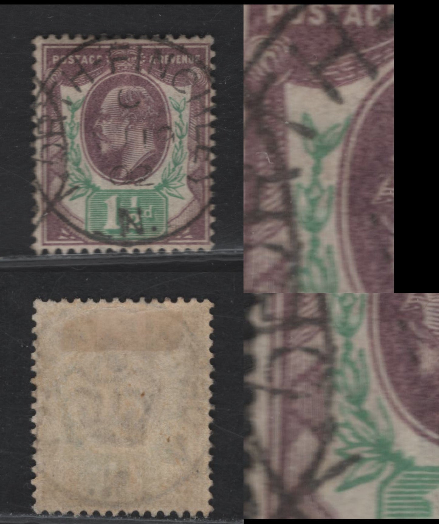 Lot 81 Great Britain SC#129var (SG#221var) 1.5d Dull Purple & Green King Edward VII, 1902-1910 King Edward VII Issue, A Very Fine Used Single, DLR Printing, Multiple Leaf Breaks, 1902 North Finchley CDS.