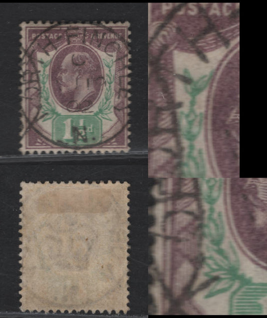 Lot 81 Great Britain SC#129var (SG#221var) 1.5d Dull Purple & Green King Edward VII, 1902-1910 King Edward VII Issue, A Very Fine Used Single, DLR Printing, Multiple Leaf Breaks, 1902 North Finchley CDS.