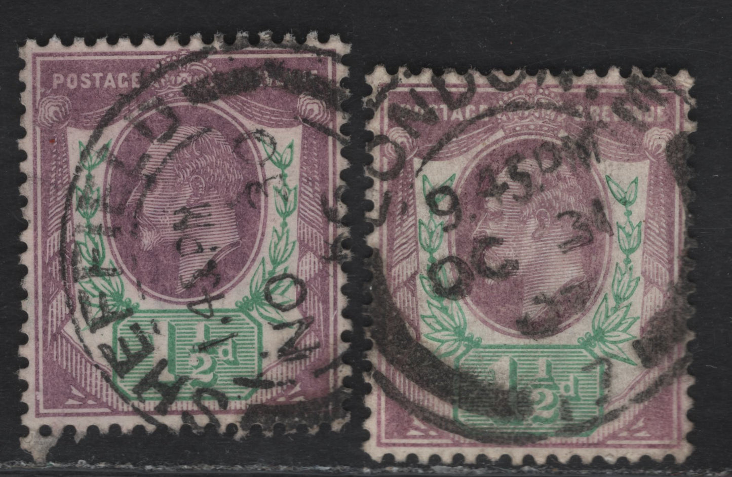 Lot 84 Great Britain SC#129d (SG#223) 1.5d Pale Dull Purple & Green - Pale Purple & Green, 1902-1910 King Edward VII Issue, 2 Very Fine Used Singles, DLR Printing, Chalky Paper, Nov. 30 1906 Sheffield & October 31 1907 London Barrel CDS Cancels.