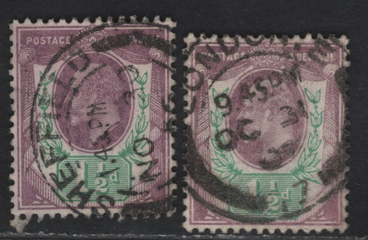Lot 84 Great Britain SC#129d (SG#223) 1.5d Pale Dull Purple & Green - Pale Purple & Green, 1902-1910 King Edward VII Issue, 2 Very Fine Used Singles, DLR Printing, Chalky Paper, Nov. 30 1906 Sheffield & October 31 1907 London Barrel CDS Cancels.