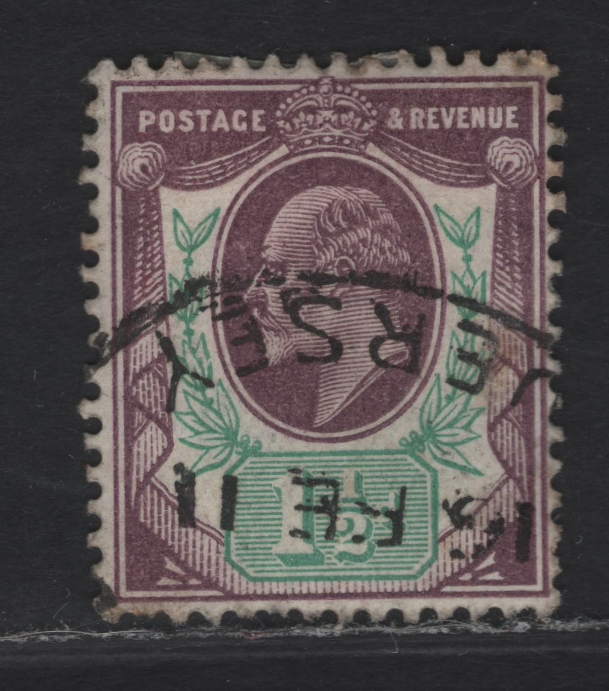 Lot 87 Great Britain SC#129e (SG#224) 1.5d Slate Purple & Bluish Green King Edward VII, 1902-1910 King Edward VII Issue, Chalky Paper, A Fine Used Single, Jersey Channel Islands Cancel.