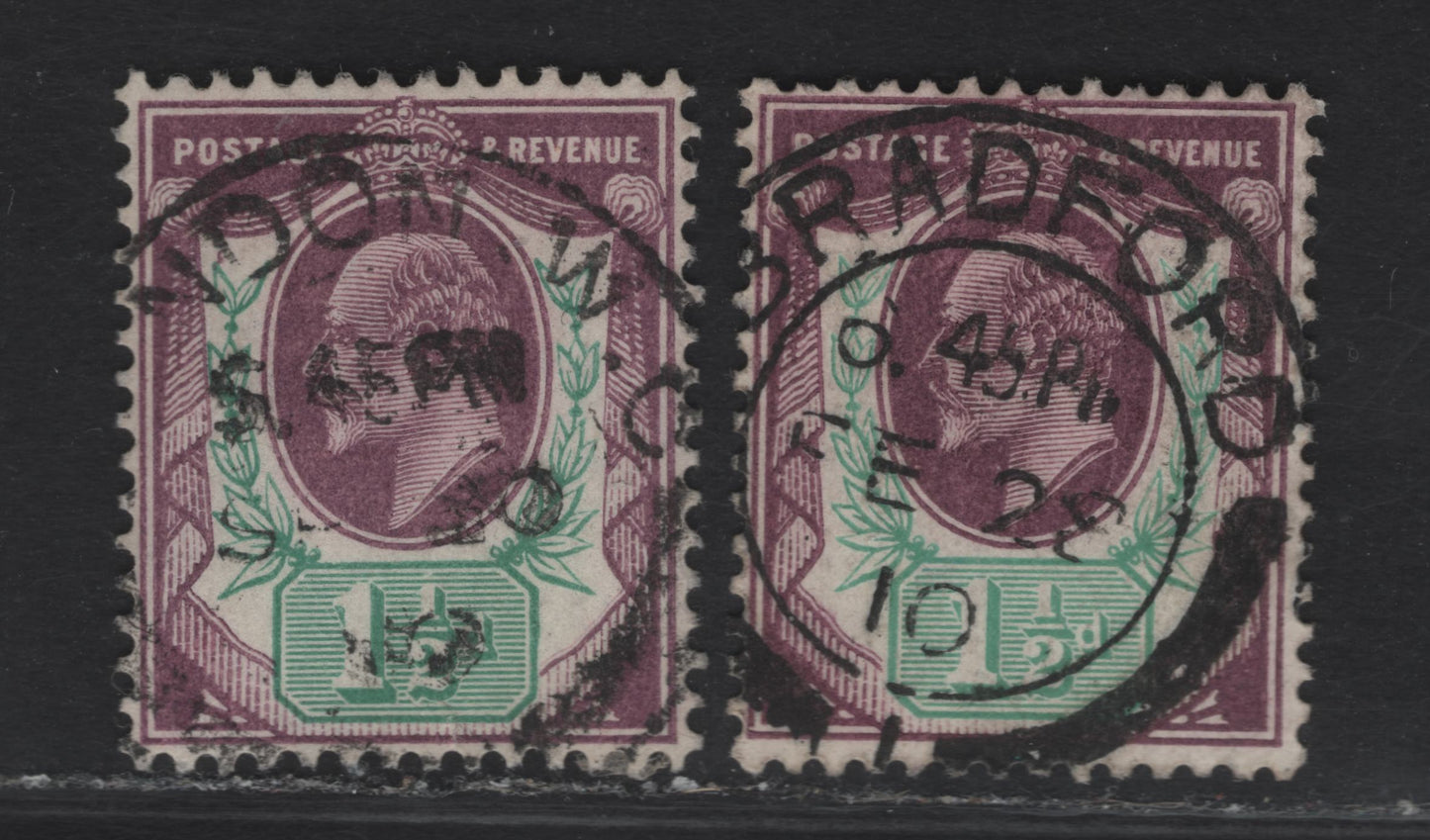 Lot 88 Great Britain SC#129e (SG#224) 1.5d Slate Purple & Bluish Green King Edward VII, 1902-1910 King Edward VII Issue, 2 Very Fine Used Singles, Feb 28 1910 & September 28 1910 London CDS Cancels.
