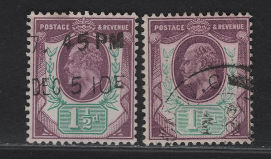 Lot 89 Great Britain SC#129e (SG#224) 1.5d Slate Purple & Bluish Green - Slate Purple & Light Blue Green King Edward VII, 1902-1910 King Edward VII Issue, 2 Fine Used Singles, DLR Printing, Chalky Paper