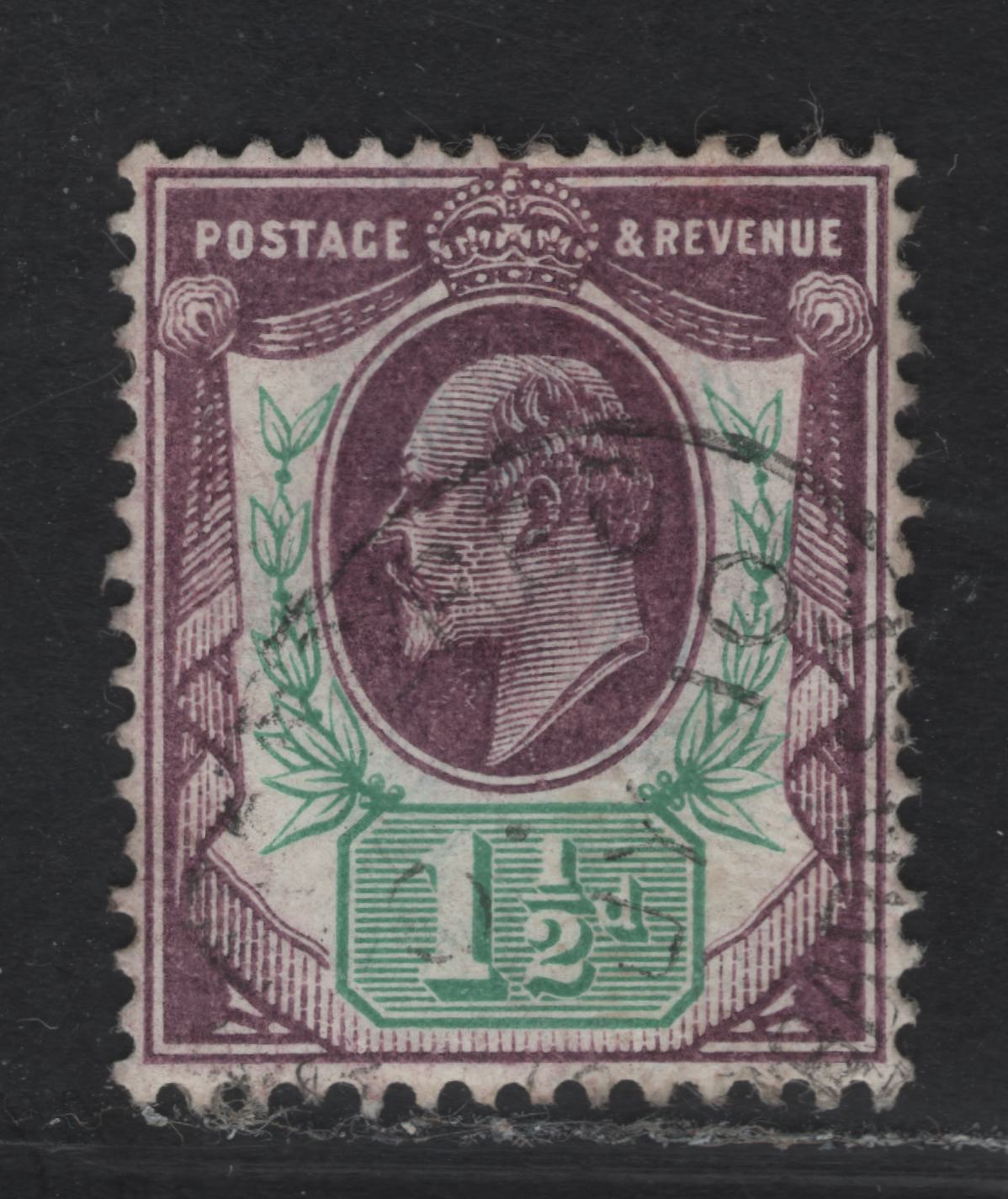 Lot 90 Great Britain SC#129evar (SG#224 (Spec M9(3))) 1.5d Deep Slate Purple & Green King Edward VII, 1902-1910 King Edward VII Issue, A Very Fine Used Single, DLR Printing, Chalky Paper