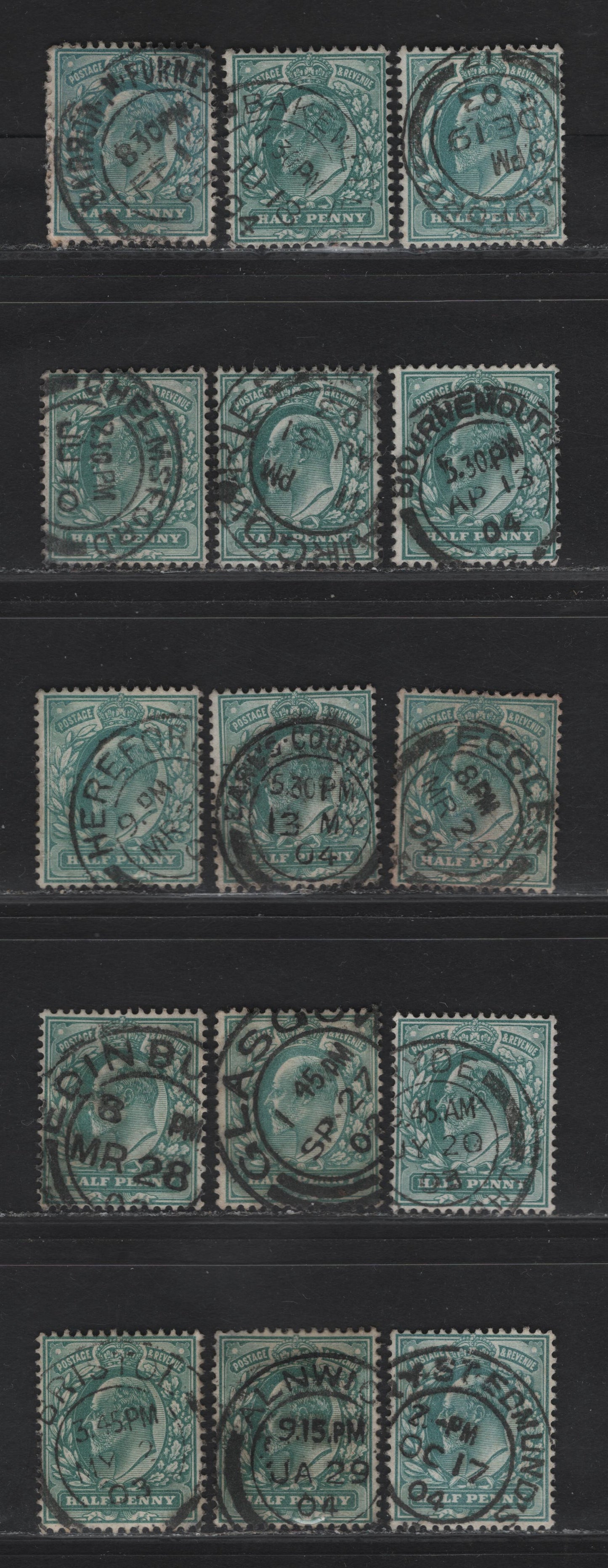 Lot 9 Great Britain SC#127-127a (SG#216 (Spec M1(1) - M1(3))) 1/2d Blue Green - Dull Blue Green King Edward VII, 1902-1910 King Edward VII Issue,  Fine/Very Fine Used Singles, Single Bar Barell CDS Cancels, Most Common Types Of CDS Cancels