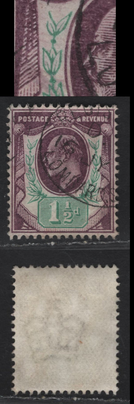 Lot 91 Great Britain SC#129evar (SG#224 (Spec M9(3))) 1.5d Deep Slate Purple & Green, 1902-1910 King Edward VII Issue, A Very Fine Used Single, DLR Printing, Chalky Paper, Showing Incomplete Leaf At UR, Light Unobtrusive Lombard St Registry Cancel.