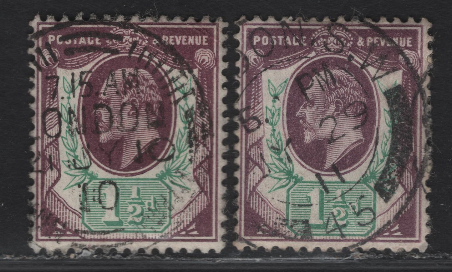 Lot 92 Great Britain SC#129evar (SG#224 (Spec M9(3))) 1.5d Deep Slate Purple & Green - Deep Dull Slate Purple & Green, 1902-1910 King Edward VII Issue, 2 Very Fine Used Singles, DLR Printing, Chalky Paper, July 29 1911 & July 10 1910 London CDS.