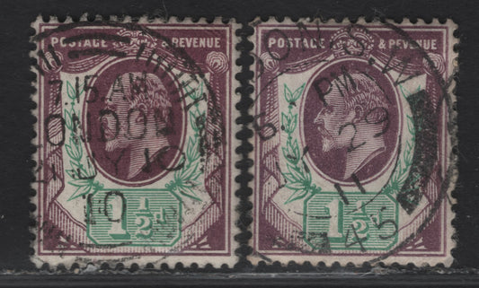Lot 92 Great Britain SC#129evar (SG#224 (Spec M9(3))) 1.5d Deep Slate Purple & Green - Deep Dull Slate Purple & Green, 1902-1910 King Edward VII Issue, 2 Very Fine Used Singles, DLR Printing, Chalky Paper, July 29 1911 & July 10 1910 London CDS.