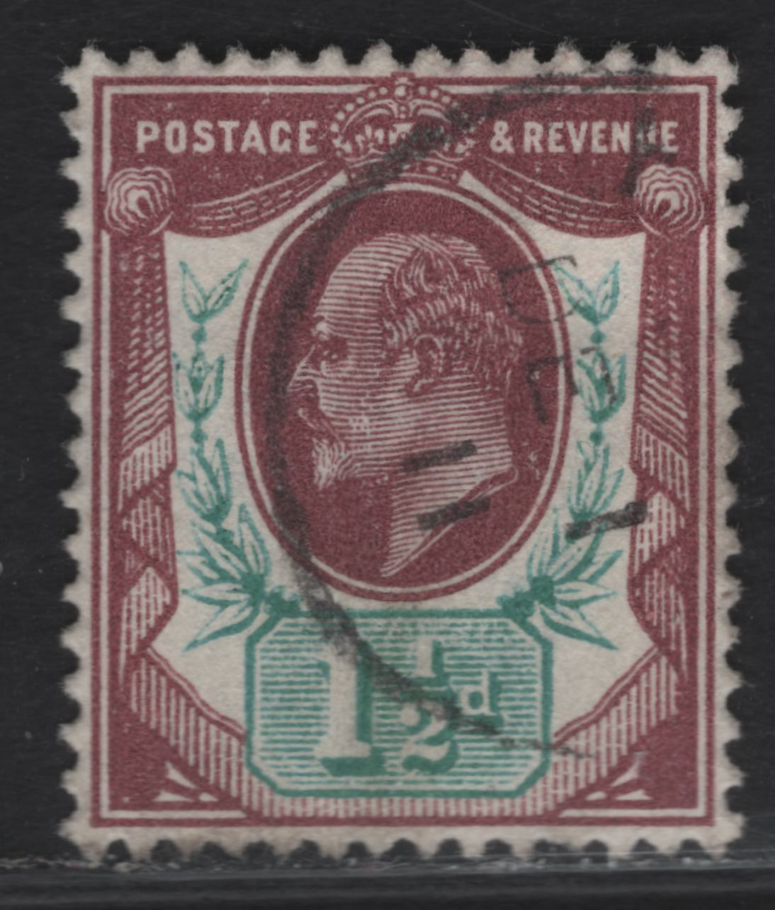 Lot 93 Great Britain SC#129evar (SG#287var) 1.5d Reddish Purple & Bluish Green King Edward VII, 1902-1910 King Edward VII Issue, A Very Fine Used Single, Somerset House Printing, Unlisted Shade, Small Internal Wrinkle,Light 1911 CDS.