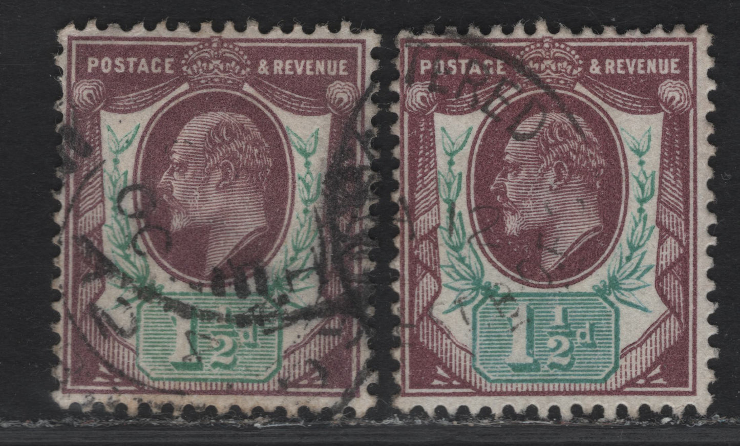 Lot 97 Great Britain SC#129b (SG#287) 1.5d Deep Reddish Purple & Green - Deep Reddish Purple & Bluish Green King Edward VII, 1902-1910 King Edward VII Issue, 2 Fine Used Singles, Somerset House Printing.