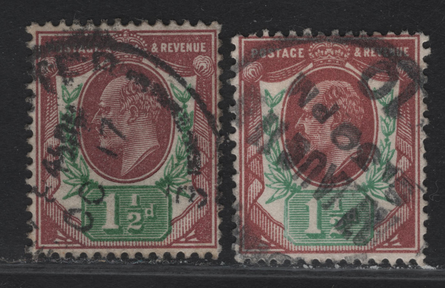 Lot 99 Great Britain SC#129bvar (SG#287var) 1.5d Bright Reddish Purple & Deep Bright Green - Very Bright Reddish Purple & Bright Green King Edward VII, 1902-1910 King Edward VII Issue, 2 Fine Used Singles, Somerset House Printing, Moderate Cancels