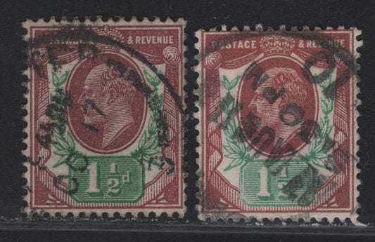 Lot 99 Great Britain SC#129bvar (SG#287var) 1.5d Bright Reddish Purple & Deep Bright Green - Very Bright Reddish Purple & Bright Green King Edward VII, 1902-1910 King Edward VII Issue, 2 Fine Used Singles, Somerset House Printing, Moderate Cancels