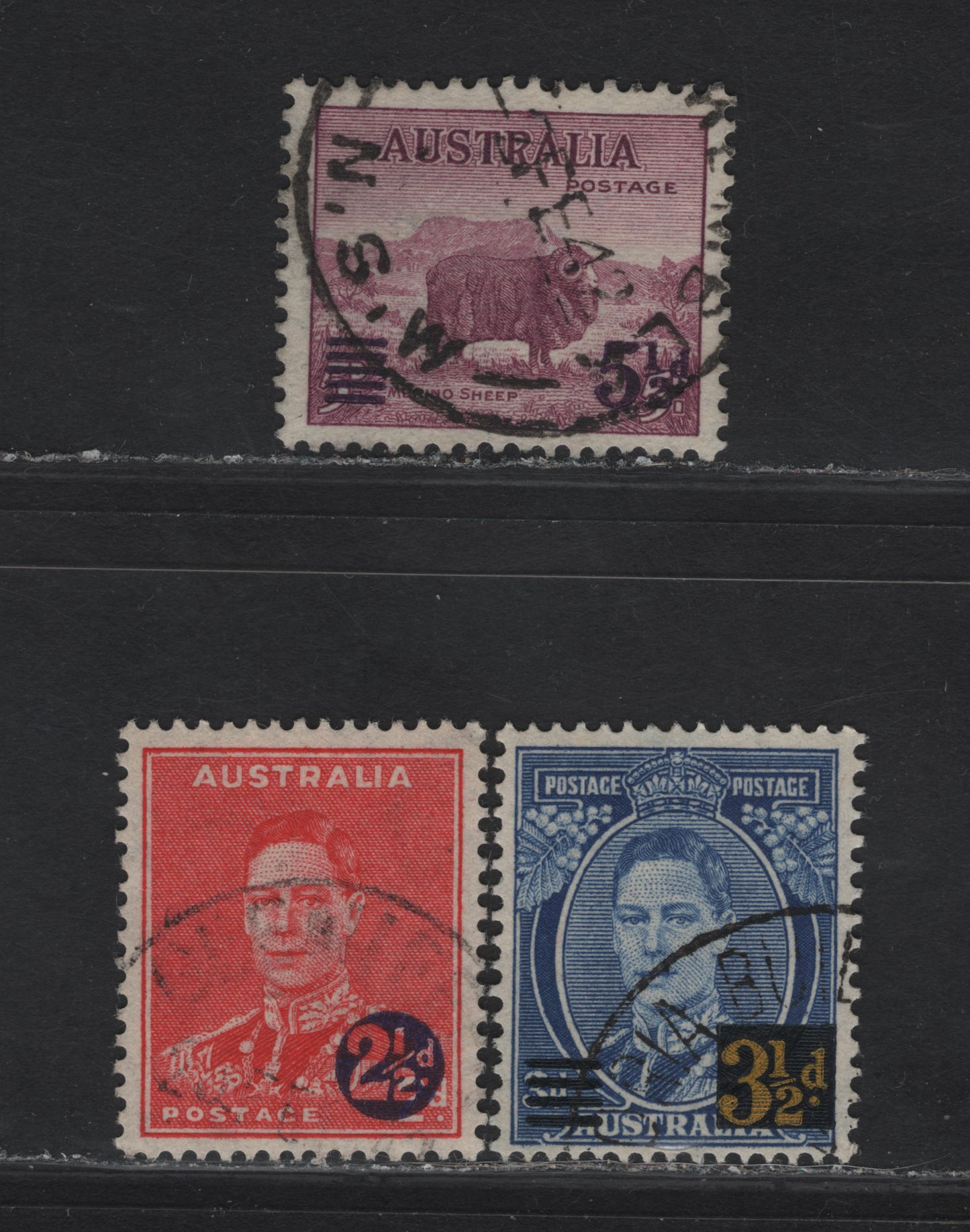 Australia SG#200-202 2.5d on 2d - 5.5d on 5d Scarlet - Purple King George VI - Merino Ram, 1941 Surcharge Issue, 3 Very Fine Used Singles.