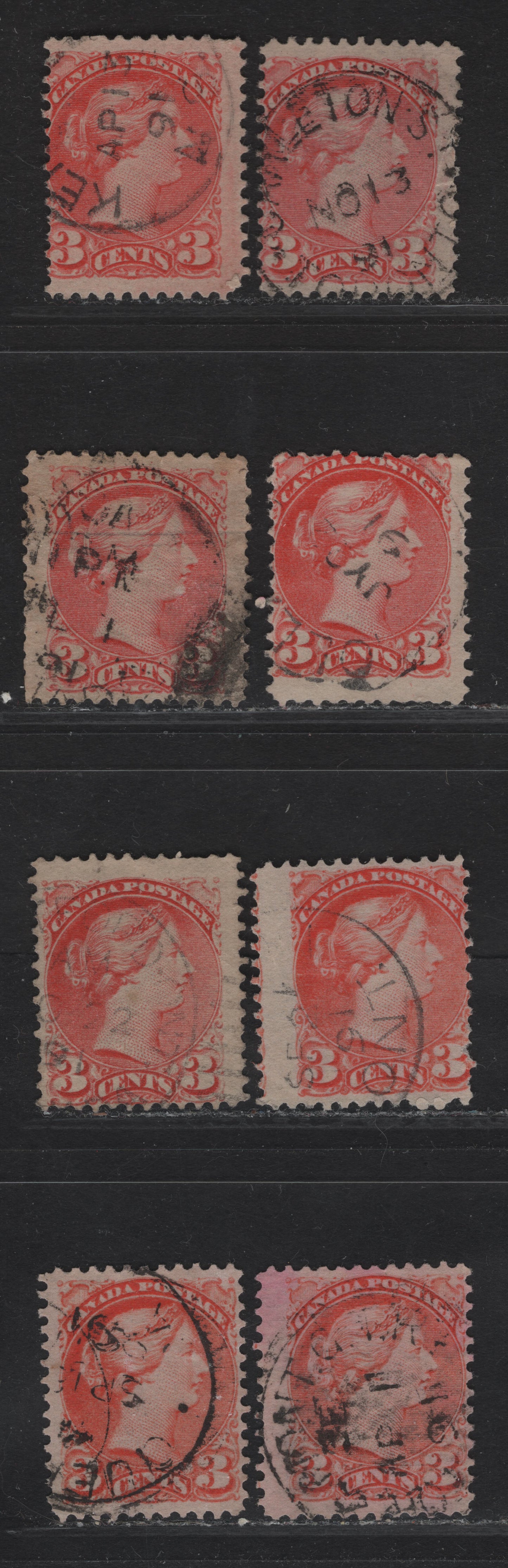 Lot 10 Canada #41 3c Pale Vermillion - Orange Vermillion Queen Victoria, 1888-1897 Small Queen Issue, 8 Very Good/Fine Used Singles, Early Second Ottawa Printings, Different Shades, 1891 Dated Cancels, Papers 2O-II, 2O-E & 2O-HH.