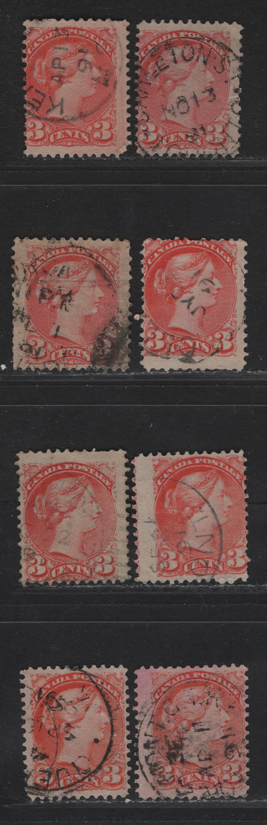 Lot 10 Canada #41 3c Pale Vermillion - Orange Vermillion Queen Victoria, 1888-1897 Small Queen Issue, 8 Very Good/Fine Used Singles, Early Second Ottawa Printings, Different Shades, 1891 Dated Cancels, Papers 2O-II, 2O-E & 2O-HH.