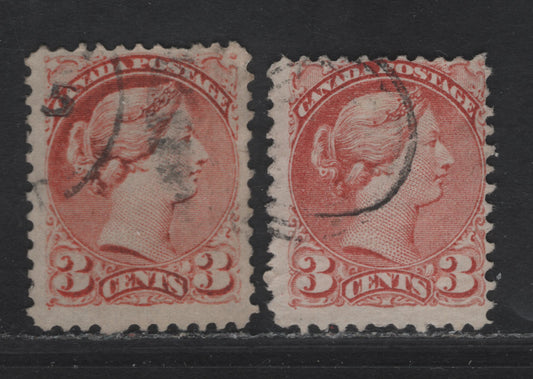 Lot 1 Canada #37iii, 37e 3c Dull Orange (Oxidized) & Deep Rose Queen Victoria, 1870-1893 Small Queen Issue, 2 Very Good/Fine Used Singles, Early & Mid Montreal Printings, Papers MM-D & EM-A, Perf 11.75x12.