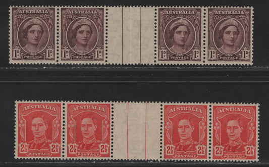 Lot 101 Australia SG#203, 206 1d - 2.5d Brown Purple & Scarlet Queen Elizabeth - King George VI, 1942-1950 Royal Family Definitives, 2 F/VFNH Gutter Pairs, Pairs Are Folded Through The Center Tab.
