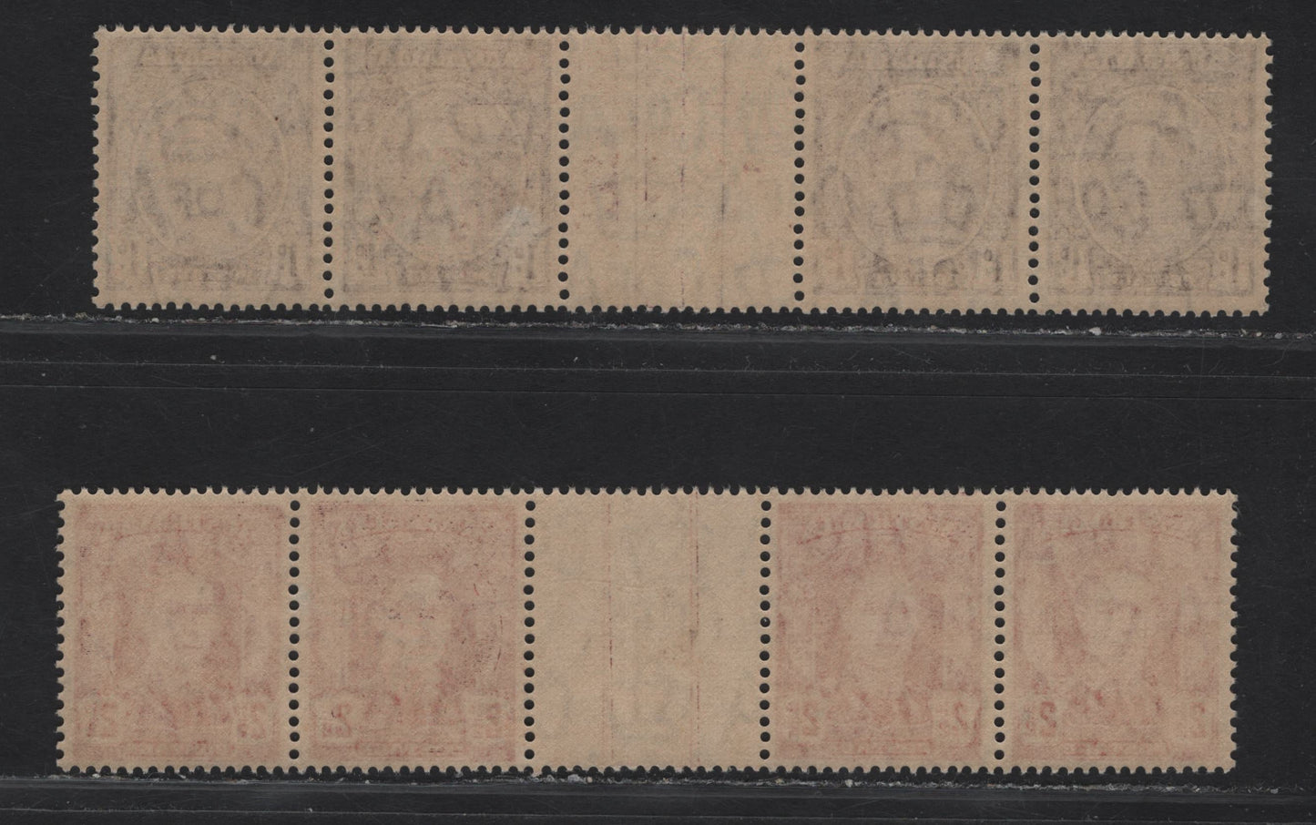 Lot 101 Australia SG#203, 206 1d - 2.5d Brown Purple & Scarlet Queen Elizabeth - King George VI, 1942-1950 Royal Family Definitives, 2 F/VFNH Gutter Pairs, Pairs Are Folded Through The Center Tab.