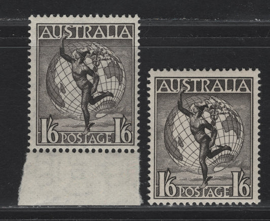 Lot 102 Australia SG#223a, 224e 1/6 Blackish Brown Hermes & Globe, 1948-1956 Airmail Issue, 2 F/VFNH Singles, Watermarked & Unwatermarked.