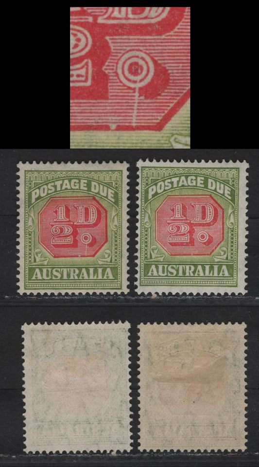 Lot 103 Australia SG#D112, D112var 1/2d - 2d Carmine & Green Numeral, 1938-1947 Postage Dues, 2 FOG Singles, 2 Examples Of The Original Die, One Of Which Shows A Frame Flaw & Vertical Scratch, Unlisted In Gibbons.