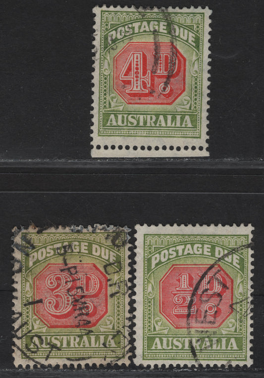 Lot 105 Australia SG#D112, D115-D116 1/2d - 4d Carmine & Green Numeral, 1938-1946 Lithographed & Engraved Postage Dues, 3 Fine/Very Fine Used Singles, C Of A Wmk, Original Die.