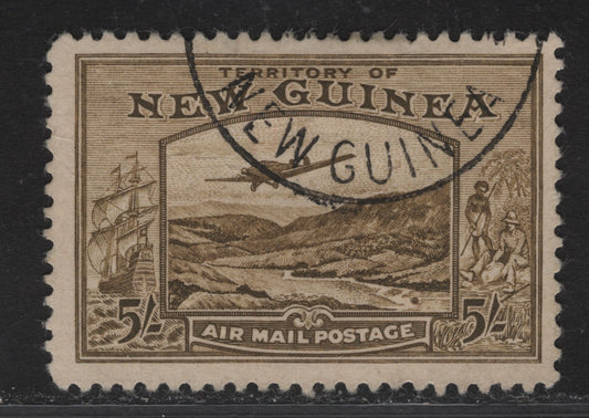 Lot 107 (C) New Guinea SG#223 5/- Olive Brown Bulolo Goldfields, 1939 Airmail Issue, A Fine Used Single.